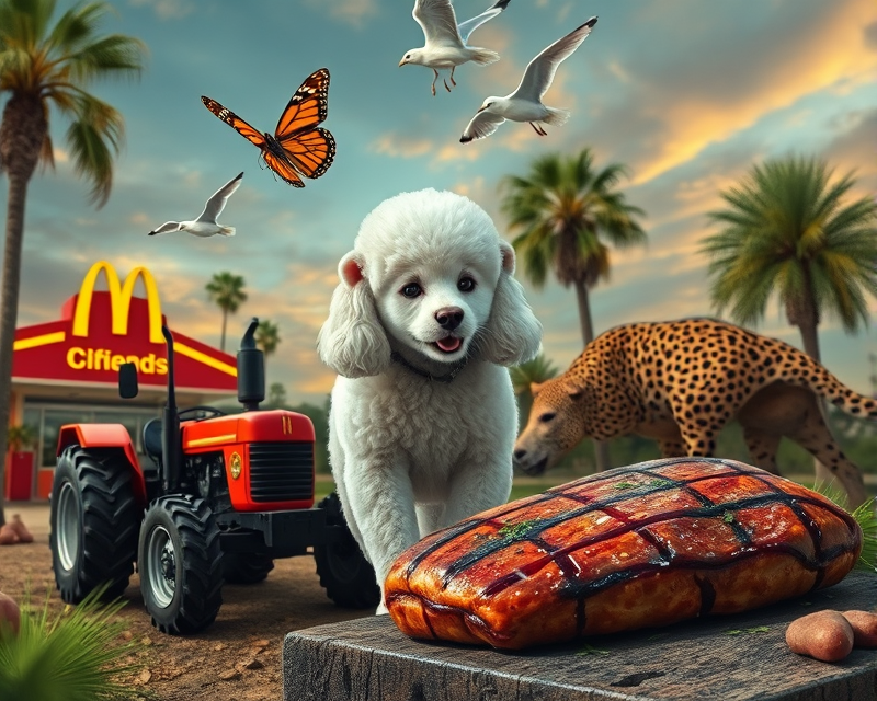 mcdonalds, frankenstein, poodle, feather, ferret, tractor, butterfly, pistachio, rhino, cheetah, palm tree, steak, seagull